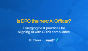 Webinar titled 'Is DPO the new AI officer' discussing the evolving role of data protection officers in the age of AI. Featuring speakers from GDPR Register, Veriff, and Toloka